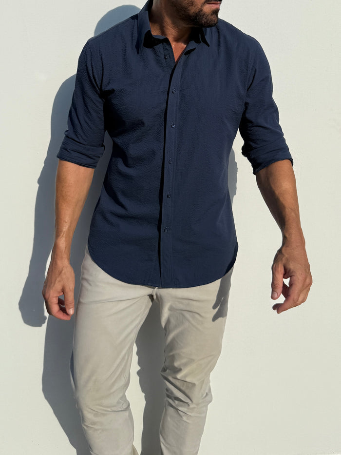 Solid Seersucker Long Sleeve - Midnight Blue
