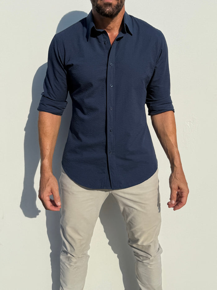 Solid Seersucker Long Sleeve - Midnight Blue