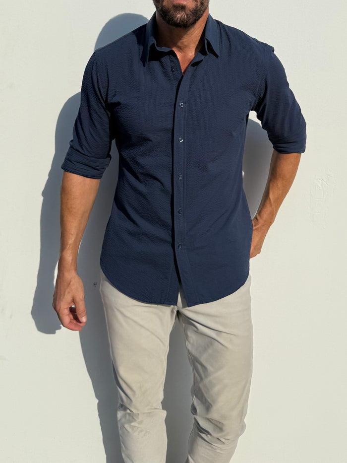 Solid Seersucker Long Sleeve - Midnight Blue