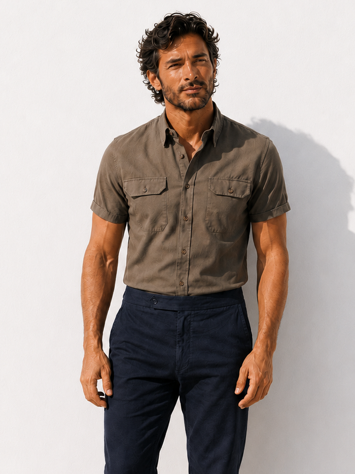 Man wearing a brown shirt and dark pants against a white background