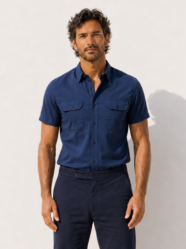 Man wearing a blue short-sleeve shirt and dark pants against a white background