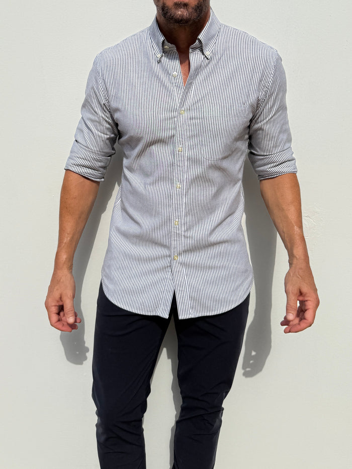 The Striped OCBD: Oxford Cloth Button Down in Charcoal - Charcoal Pinstripe