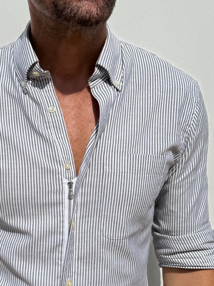 The Striped OCBD: Oxford Cloth Button Down in Charcoal - Charcoal Pinstripe
