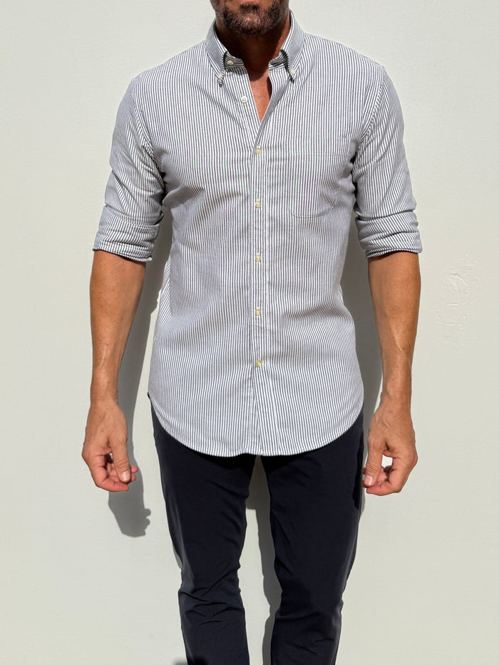 The Striped OCBD: Oxford Cloth Button Down in Charcoal - Charcoal Pinstripe