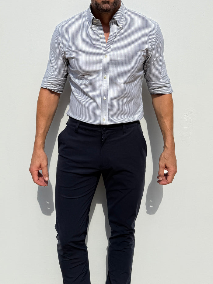 The Striped OCBD: Oxford Cloth Button Down in Charcoal - Charcoal Pinstripe