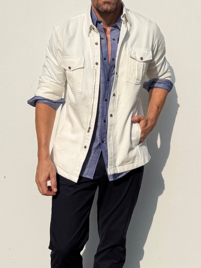 Man wearing a white denim jacket over a blue shirt with black pants against a light background