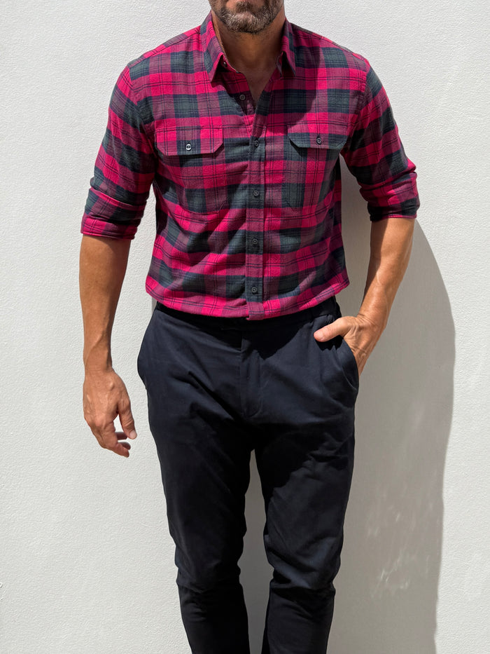 The Utility Shirt in Plaid Flannel - Magenta & Green