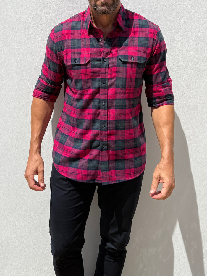 The Utility Shirt in Plaid Flannel - Magenta & Green