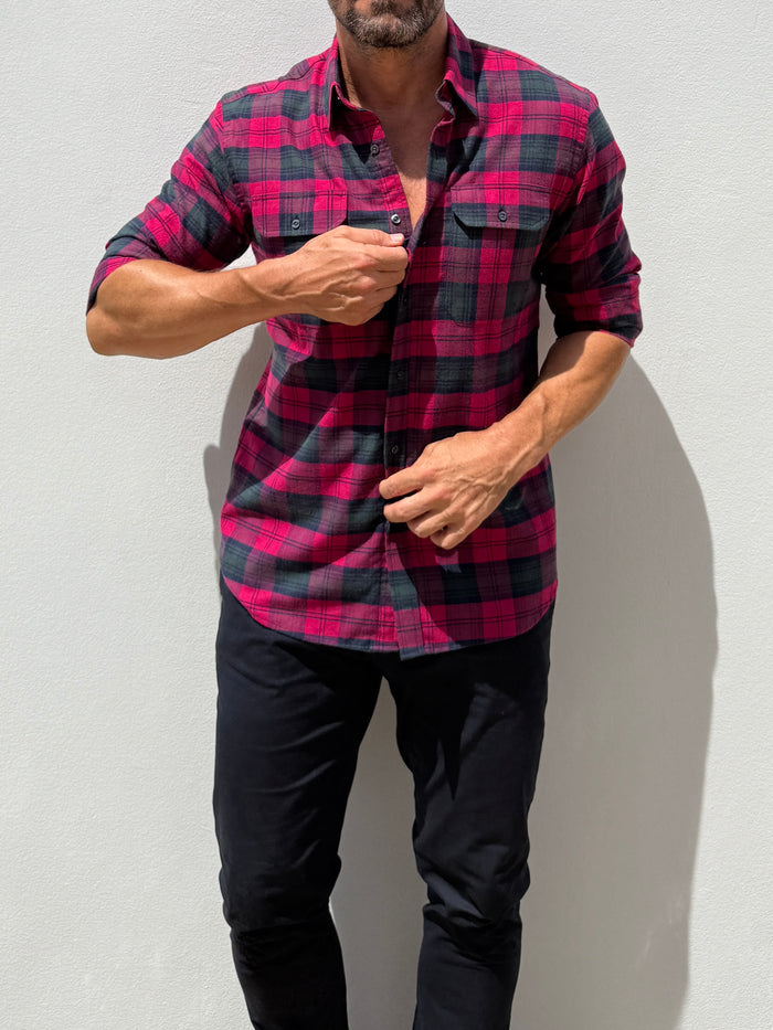 The Utility Shirt in Plaid Flannel - Magenta & Green