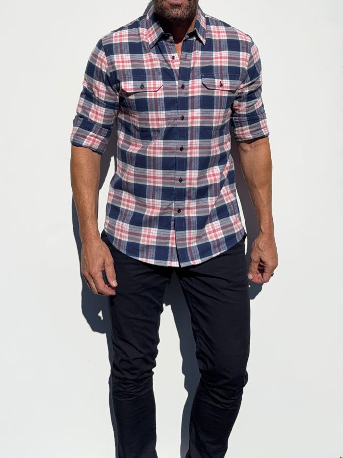 The Utility Shirt in Plaid Flannel - Navy & Pink Plaid Flannel- SB #644