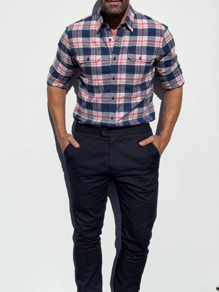 The Utility Shirt in Plaid Flannel - Navy & Pink Plaid Flannel- SB #644