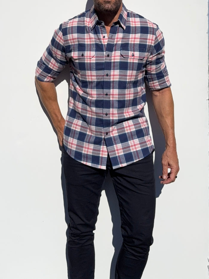 The Utility Shirt in Plaid Flannel - Navy & Pink Plaid Flannel- SB #644