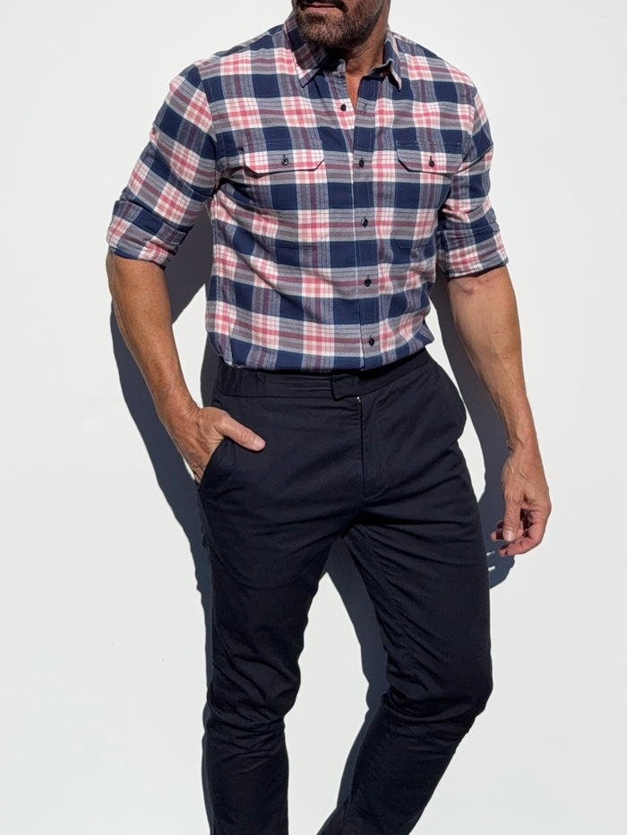 The Utility Shirt in Plaid Flannel - Navy & Pink Plaid Flannel- SB #644