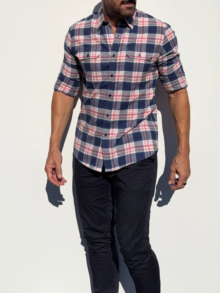 The Utility Shirt in Plaid Flannel - Navy & Pink Plaid Flannel- SB #644