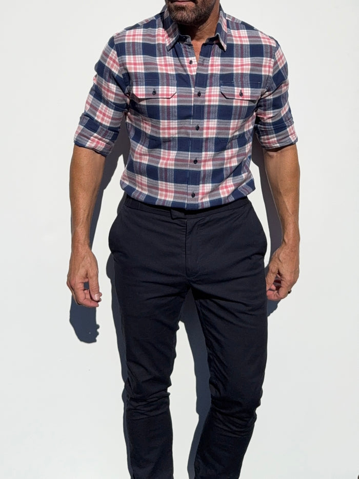 The Utility Shirt in Plaid Flannel - Navy & Pink Plaid Flannel- SB #644