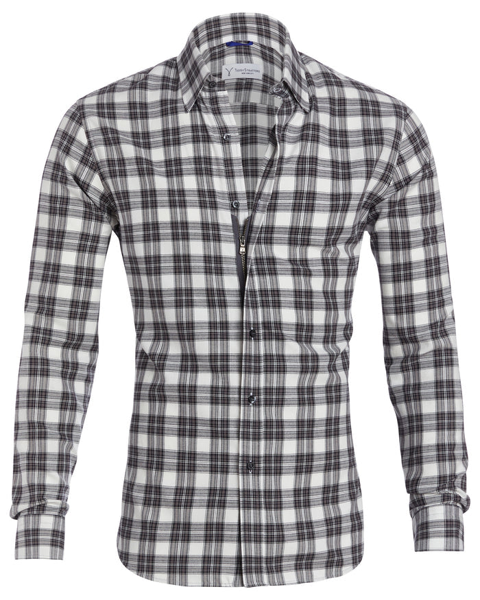 White, Black & Brown Plaid Flannel - White Black & Brown
