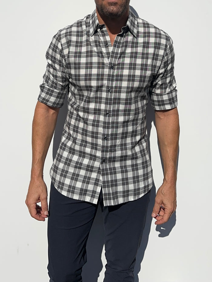 White, Black & Brown Plaid Flannel - White Black & Brown