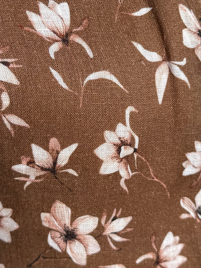 White Flowers on Brown Linen - White Flowers on Brown Linen