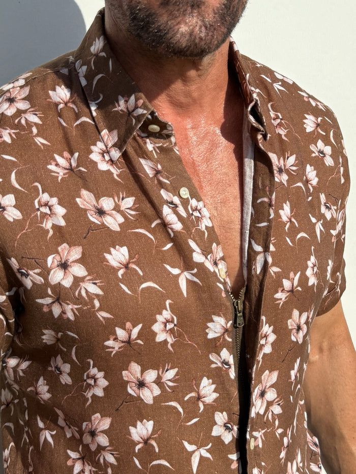White Flowers on Brown Linen - White Flowers on Brown Linen