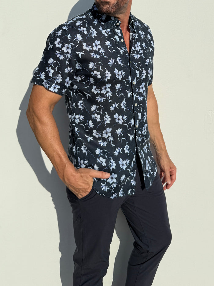 White Flowers on Navy Linen Party Shirt - White Flowers on Navy