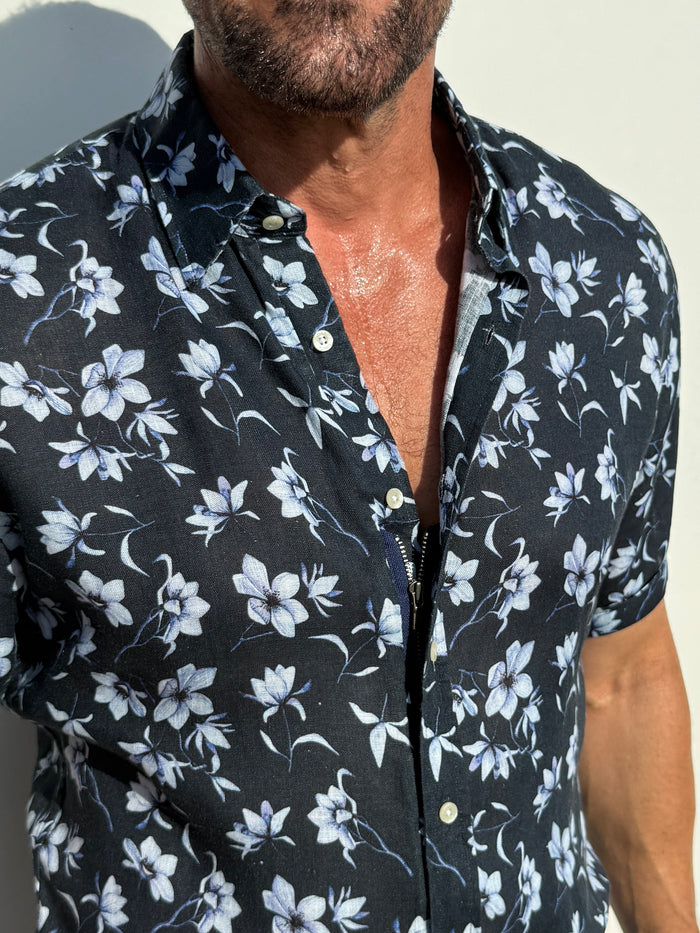 White Flowers on Navy Linen Party Shirt - White Flowers on Navy
