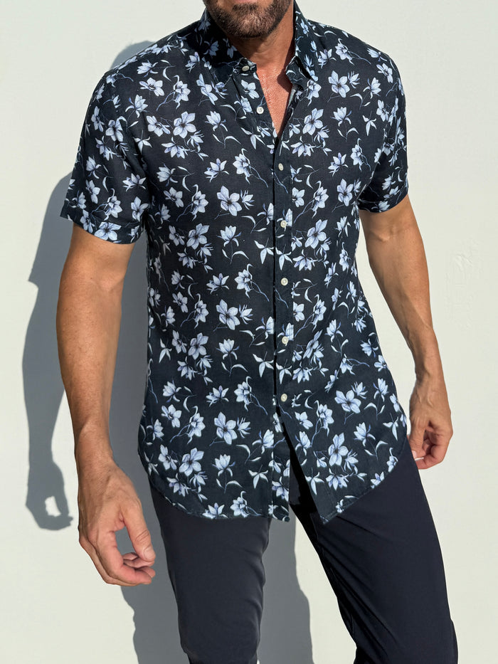 White Flowers on Navy Linen Party Shirt - White Flowers on Navy