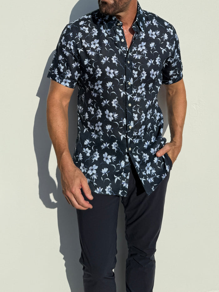 White Flowers on Navy Linen Party Shirt - White Flowers on Navy