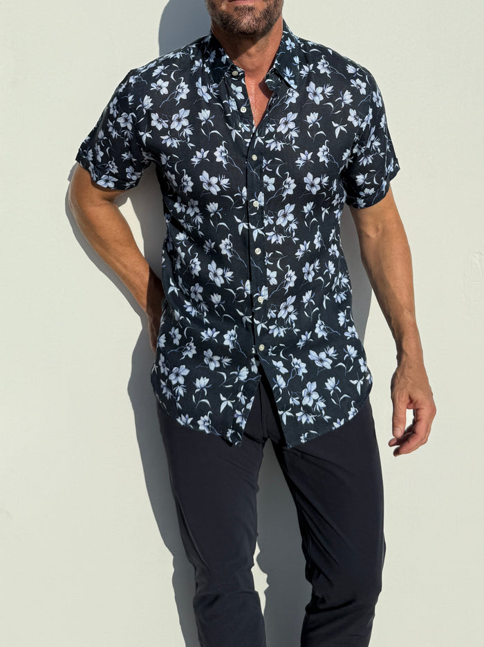White Flowers on Navy Linen Party Shirt - White Flowers on Navy