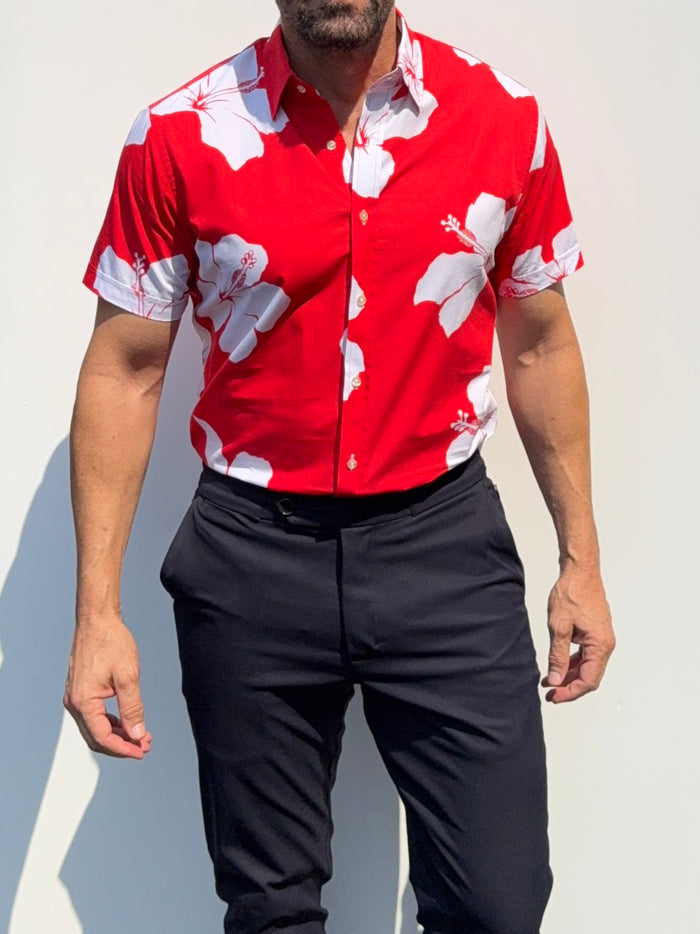 White Flowers on Red Party Shirt in Cotton- Small Batch #681