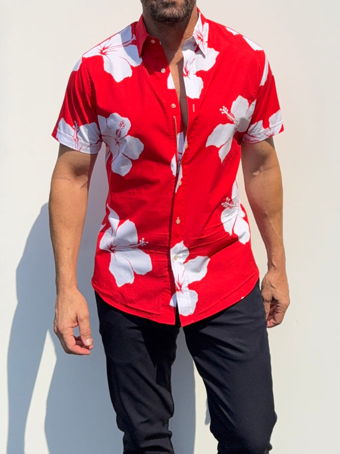 White Flowers on Red Party Shirt in Cotton- Small Batch #681