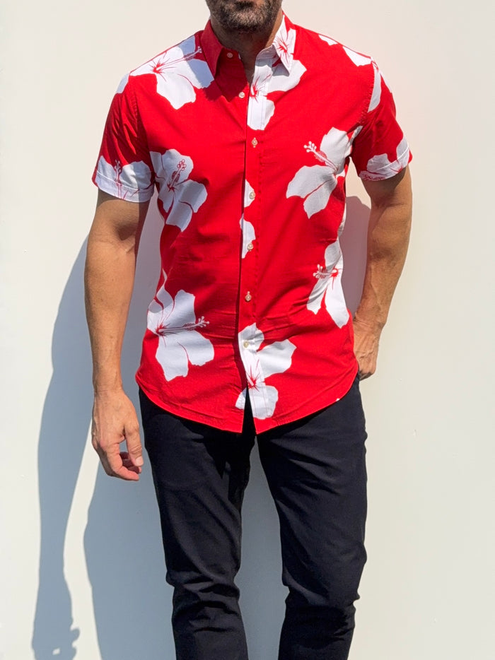 White Flowers on Red Party Shirt in Cotton- Small Batch #681