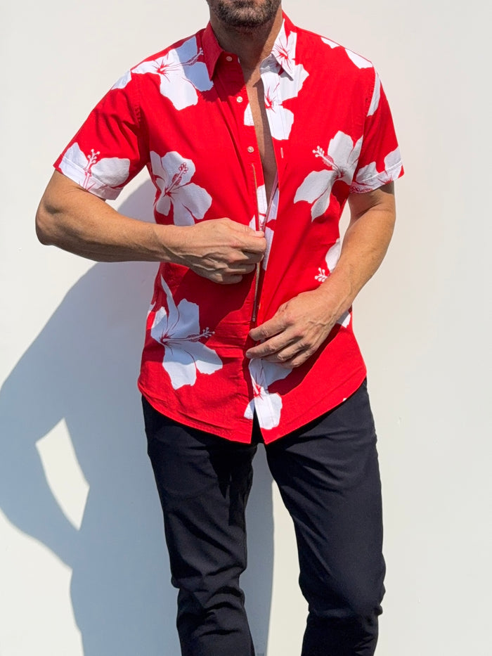 White Flowers on Red Party Shirt in Cotton- Small Batch #681