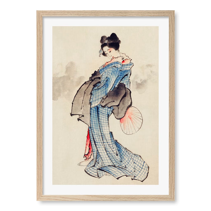 Woman Wearing Kimono - Hokusai Art Print A4 (21 x 29.7cm) / Natural Oak Frame / White Border from our Australian Made Framed Wall Art, Prints & Posters collection by Profile Australia