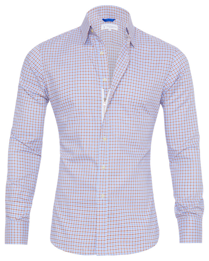Wrinkle Resistant Plaid Oxford- Small Batch Series - Brown & Light Blue